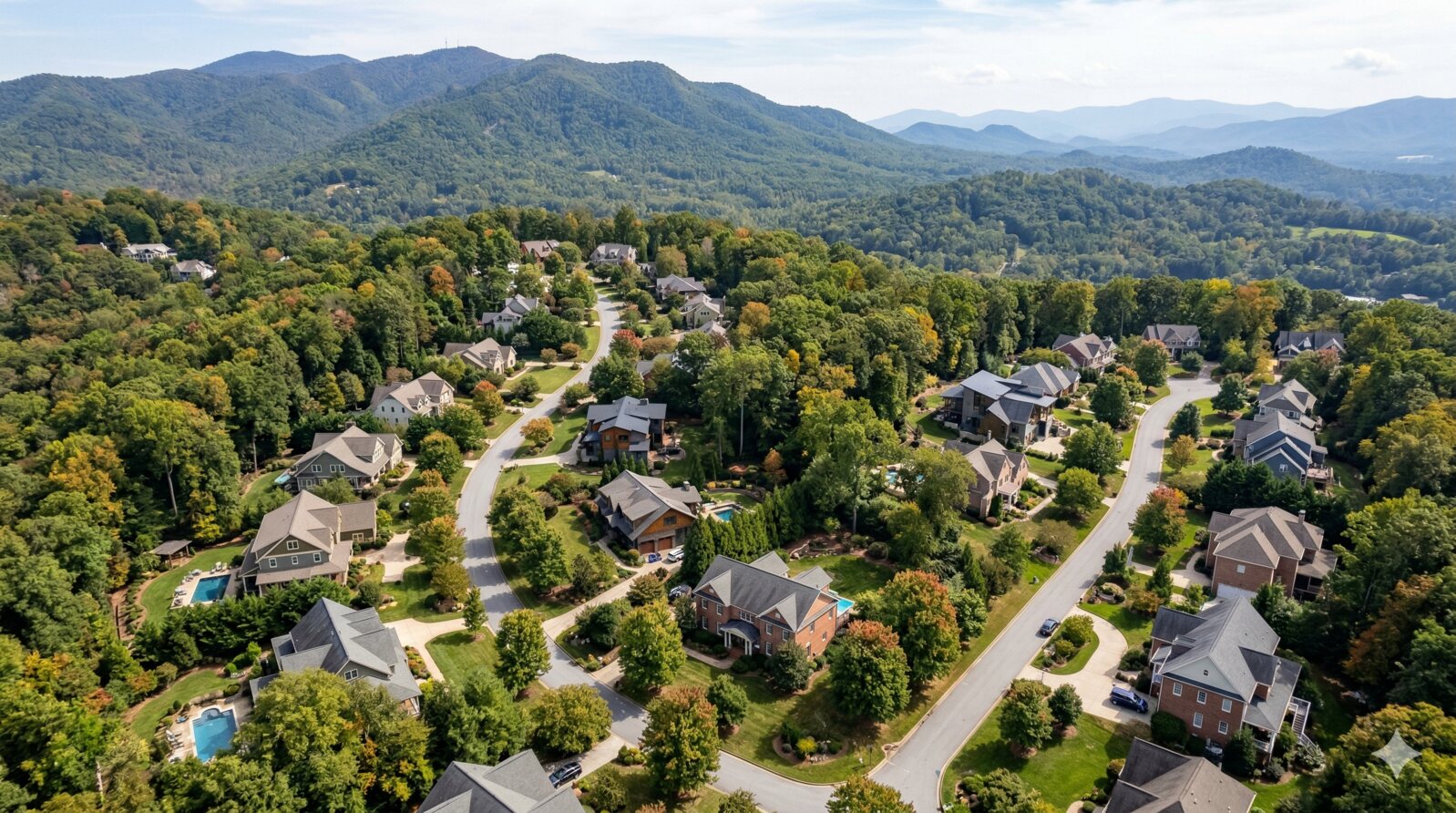 Aerial view of Asheville neighborhoods in Western North Carolina